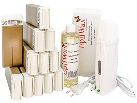 EpilWax Royal Epilation Kit komplett med: professionell vaxvärmare, 12 Roll-On vax 100 ml choklad (doft), 100 hårborttagningsremsor, 1 flaska med 250 ml olja efter hårborttagning (Royal Chocolate 12)