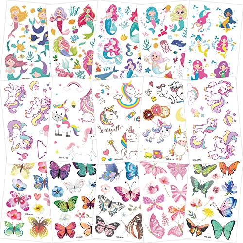 150+ Tattoo Kinder Mädchen, Schmetterling + Einhorn + Meerjungfrau Tattoo Sticker Hautfreundlich, Mitgebsel Kindergeburtstag Gastgeschenke Kleinigkeiten Kleine Geschenke für Mädchen