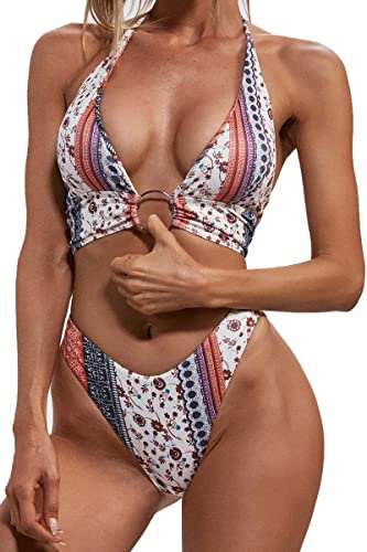 ZAFUL O Ring Halter Bikini Sets for Women High Cut Swimsuits Trendy 2 Piece Bathing Suit Ribbed Tribal White M