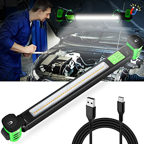 Greenidea,Luz LED de trabajo recargable de 1600 lúmenes con base magnética y gancho para colgar, linterna de temperatura de color brillante, lámpara de inspección mecánica debajo del capó