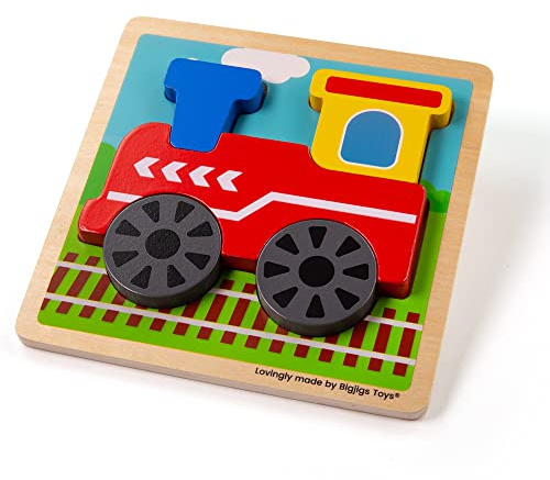 Bigjigs Toys, Chunky Lift-Out Puzzle - Train, Wooden Toys, Shapes Puzzle, Toddler Puzzles, Jigsaw Puzzle, Jigsaw Puzzle for Kids, Puzzles for 1 2 3 Year Olds, Toddler Toys