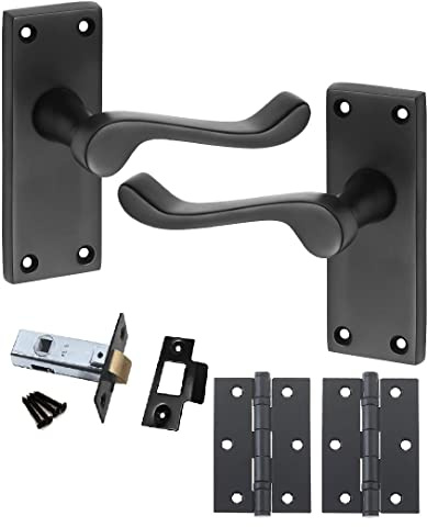 Golden Grace Victorian Scroll Door Latch Handles, Matt Black, 1 Set | Complete with a pair of 3 ball bearing hinges, 2.5 latch, spindle, and screws for a simple, hassle-free installation.