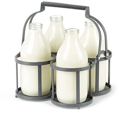 LIVIVO Milk Bottle Crate Holder Caddy for Doorstep Milk Organisation or Retro Table Wine and Beer Bottle Carrier - Grey Powder Coated Sturdy Metal Holder with Comfortable Handle