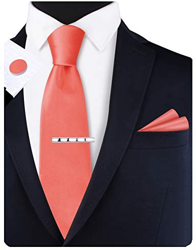 GUSLESON Mens Wedding Coral Pink Tie Classic Silk Ties for Men Solid Necktie and Pocket Square Cufflinks Sets (UK6101-08)