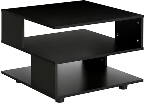 HOMCOM Tavolino da Caffè Asimmetrico con Ripiani, Tavolino da Salotto Quadrato in Legno con Piedini Regolabili, 60x60x45cm, Nero