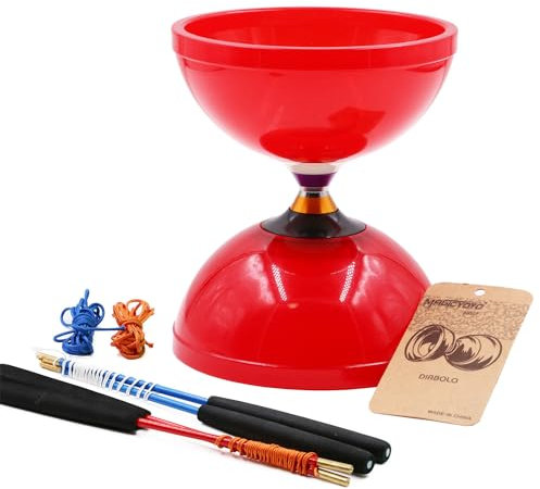 MAGICYOYO MD01 Profi Diabolo Groß mit Dreifach-Kugellagern für Kinder, Erwachsene, Jonglier-Set, Anfänger Diabolo Yoyo Pro 15cm mit 4 Metallstäbe+ Tasche+ 4 Diabolos-Schnur, Rot
