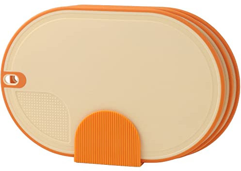 Chopping Board Set of 3 with Storage Stand, Food Grade Plastic Cutting Board Set with Garlic Grinding Area for Different Food Types(Orange)