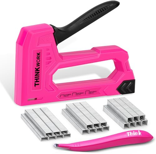 THINKWORK Handtacker Set - Tacker mit 1600 JT21-Klammern 1/4, 5/16, 3/8 und Klammerentferner, Tackerpistole für Holz, Polster, Zäune, Möbel, Dekoration, Kabelbefestigung (Rosa)