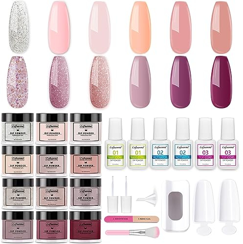 Lofuanna 24 st dipppuder nagelkit – 12 färger nude rosa lila glitter dopppulver startkit med bastopplacksaktivator, ingen UV/LED behövs, allt-i-ett gör-det-själv fransk nagelkonst manikyrset för
