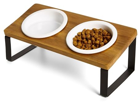 PETLINUS Futterstation Katzen Erhöht, Ergonomischer Katzennapf Erhöht, Katzen Fressnapf Keramik und Holz, Futternapf Katze Erhöht für Katzen und kleine Hunde, fressnapf Katze erhöht (Akazie)