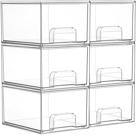 Vtopmart 6 Pack Small Clear Stackable Storage Drawers,Acrylic Bathroom Makeup Organizer,Plastic Storage Bins For Vanity, Undersink, Kitchen Cabinets, Pantry, Home Organization