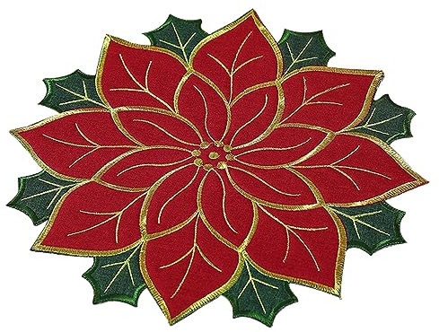 LEMCC 15,7 Zoll Große Weihnachtliche Runde Tischsets, Besticktes Weihnachtsstern-Tischset in Rot und Grün, Weihnachtstischsets mit Grünen Blättern, Tischläufer mit Weihnachtsapplikationen für Den(A)