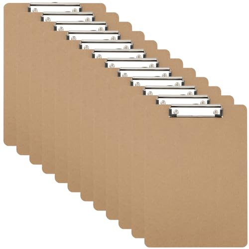 DAKFOOK 12 Stück Klemmbrett Holz A5, 22,5 x 14,8 cm, Hartfaserplatte, Klemmbretter Holz mit Loch zum Aufhängen und Niedrigem Profil-Metallclip, Klemmbrett Braun für Restaurant-Menü, Bürobedarf