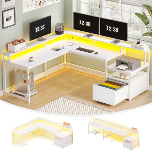 SEDETA White L Shaped Gaming Desk, 66 Home Office Desk with Wood File Drawer, Power Outlet and Led Lights, Corner Computer Desk with Monitor Shelf, Printer Storage Shelves, for Two Person