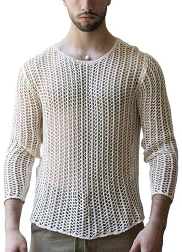 Evankin Men's T-Shirt Hollow Out Mesh Long Sleeve Tops See Through Underwear Knitted Sweater Loose Undershirt T-Shirt(White-XL)
