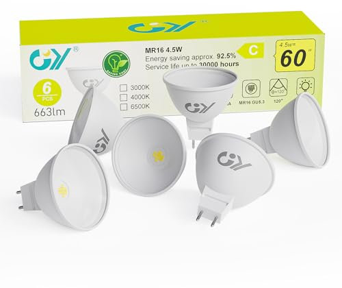 GY GU5.3 LED Warmweiss Lampe, 12V MR16 LED 4,5W 663 Lumen 3000K Warmweiß, 40W lampe ersetzt, AC/DC Flimmerfrei Led, Abstrahlwinkel 120° Leuchtmittel, Nicht Dimmbar Energiesparlampe, 6 stück