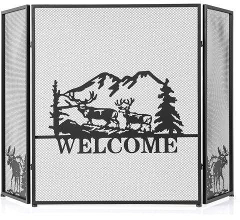 GiantexUK 3-Panel Folding Fire Guard, Heavy Duty Metal Mesh Fireplace Screen, Decorative Freestanding Spark Guard Safety Barrier for Child Baby Pet Open Fire, Black (Moose Pattern, 132x79cm)