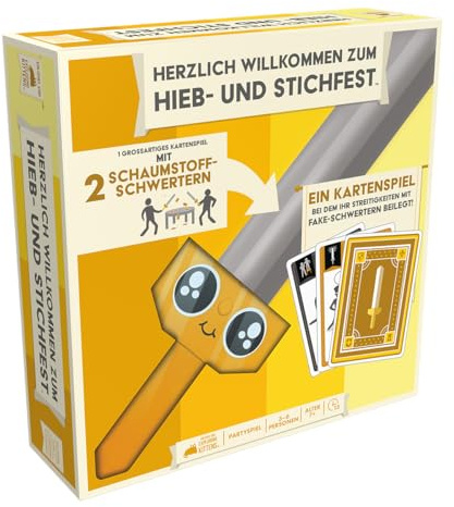 Exploding Kittens Herzlich willkommen zum Hieb- und Stichfest, 3–6 P. | Duelliert euch mit Schaumstoffschwertern, schließt Aufgaben ab und kämpft euch drinnen oder draußen durch rasante Runden.