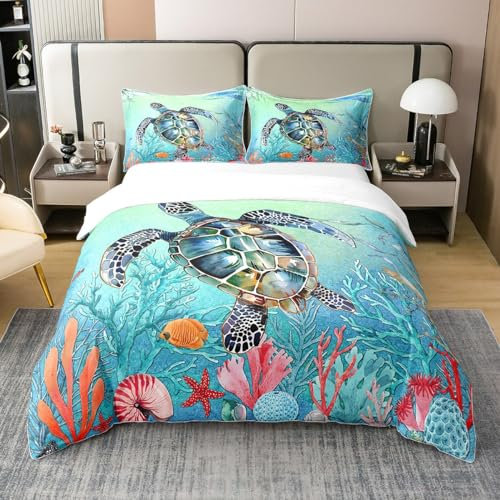 100% Baumwolle Meeresschildkröte Bettwäsche Set 155x220,Teal Schildkröte Tröster Bezug,Schildkröte Shell Bettbezug mit Geometrie Streifen,Cartoon Meerestiere Bettbezug Reißverschluss Zimmer Dekor