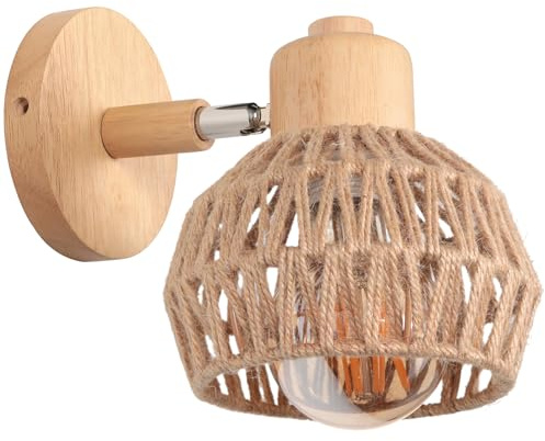 iDEGU Wandleuchte Innen Retro Wandlampe aus Holz Hanfseil Halbkreis Lampenschirm Vintage E27 Verstellbare Wandspot Industrie Lampe für Schlafzimmer Wohnzimmer Flur Esszimmer Café (15cm)