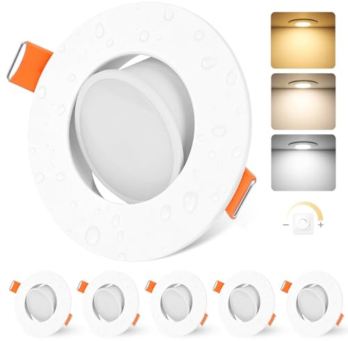YindaLux 6x LED Einbaustrahler 230V Dimmbar 5W IP44 Weiß Loch 68-80 mm | 550lm, 120° 3 Lichtfarben Warmweiß/Neutralweiß/Kaltweiß, 45° schwenkbar, Flimmerfrei, für Badezimmer, Küche und Wohnzimmer