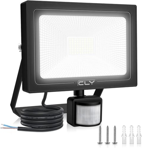 CLY 60W Security Lights Outdoor Motion Sensor 5200LM PIR Light | IP66 Waterproof LED Floodlight with PIR 6500K Cold White LED Outdoor Lights Mains Powered with Sensor for Backyard, Garden