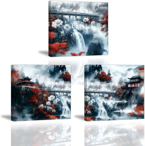 Piy Painting Bild auf Leinwand, Landschaftsbilder Tuschemalerei Zug Leinwandbild gedruckt, Rotes Kiefer Wandbild für Home Wanddeko für Geburtstagsgeschenk 3er 30x30 cm, Eingebauter Holzrahmen