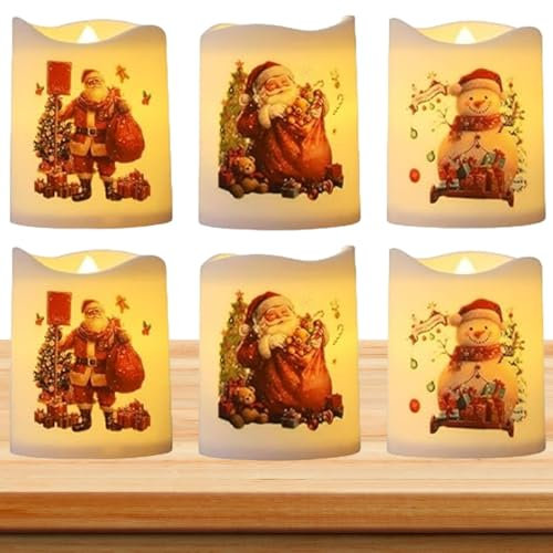 Velas LED de Navidad, paquete de 6 velas LED sin llama, juego de velas de Navidad de Papá Noel, muñeco de nieve, velas con interruptores, velas de Navidad que funcionan con pilas