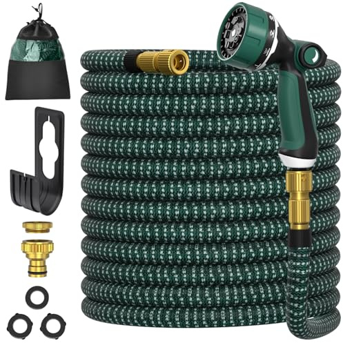 Expandable Garden Hose 50FT, Ultty Hosepipe with 10 Function Nozzle, 1/2 & 3/4 Solid Metal Fittings Durable 3750D Weave No-Kink Lightweight Outdoor Yard Flexible Water Hose, Green