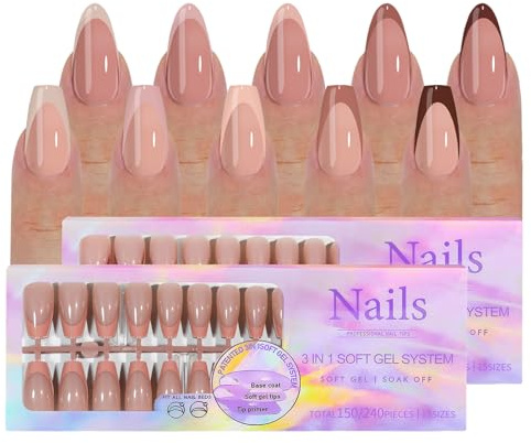 Joyeee Press on Nails French, 300 Stück Nägel zum Aufkleben, 5 Farben, 2 Nagelformen (Almond & Square), 15 Größen, Soft Gel Fake Nails, Full Cover Nail Tips, Nageltips für Mädchen und Frauen