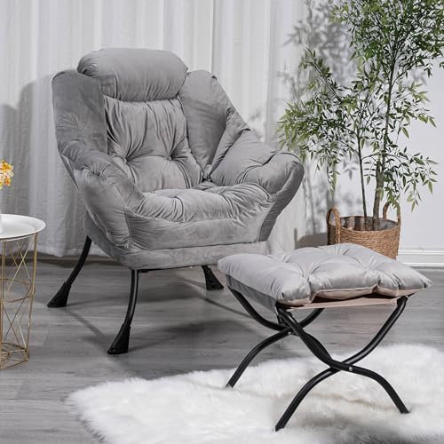 TinFrey Sillón de Relax con Reposapiés, Sillon con Reposapiés para Salón Sillon Lectura Sillon Cama 1 Plaza Sillon Comodos Patas de Metal Butaca Dormitorio Sillón Tapizado