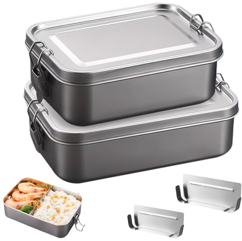 LEKEFETO 2er Set Edelstahl Brotdosen mit Trennfach | 850ml+1400ml Auslaufsichere Lunchbox | Spülmaschinenfest & Stapelbar | 304 Lebensmittelbox für Beruf & Outdoor