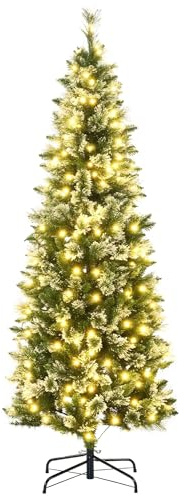HOMCOM Albero di Natale Slim 180cm, Albero di Natale Artificiale con 618 Rami e 240 Luci LED Incorporate, Albero Innevato Alto e Stretto con Base in Acciaio