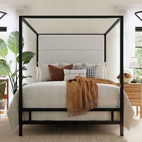 Merax Queen Size Metal Canopy Bed Frame, Modern Tall Upholstered Velvet Headboard, Black 4-Poster Bed with 800 lbs Capacity, Box Spring Required Easy Assembly for Bedroom, Black+White