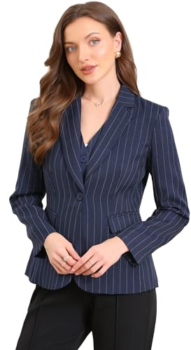 Allegra K Mujer Blazer A Rayas con Solapa con Muesca Un Botón Manga Larga para Oficina Azul Oscuro XL