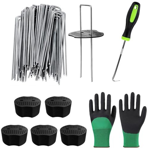 OUZHOU Erdanker Unkrautvlies, Unkrautvlies Haken 50 Unterlegscheiben und 50 Erdanker, Heringe Erdnägel Rostfrei und Langlebig mit Nagelhaken und Handschuhen, Bodenanker Unkrautvlies für Gärten Camping