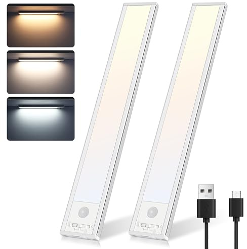 Befurglor Unterbauleuchte Küche LED Lampe mit Bewegungsmelder, 4 Modi, 3 Farbmodi Dimmbar, 2000mAh USB Aufladbar Schrankbeleuchtung 26cm, Sensor Licht für Kleiderschrank, Küche, Treppe(2 Stück,Silber)