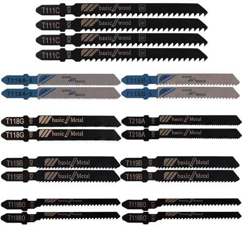 20pcs Jigsaw Blades Set for Bosch, Dewalt, Ryobi, Makita, Milwaukee, T-Shank Jigsaw Blade Set, Jig Saw Blade Wood, Fast Cut HCS/HSS Jigsaw Blades for Wood, Plastic and Metal