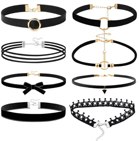 JEYORZY 8-teiliges Choker-Halsketten-Set, Gothic-Tattoo-Spitzen-Hälterung, Damen-Choker, Schwarz, geeignet für Frauen und Mädchen, verstellbar