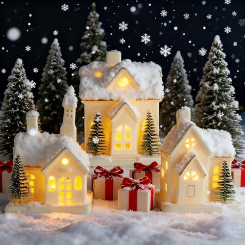 GARKALY Timer: White Ceramic Christmas Village Houses, 3Pcs Light Up Christmas Village Sets with 4Pcs Trees, LED Lighted Tabletop House Figurines for Home Decor, Winter Holiday, Xmas Gift