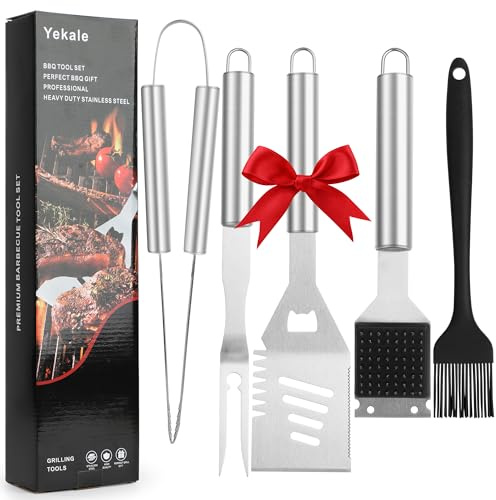 Yekale BBQ Grill Accessories Set, Grill Tools Grilling Accessories Grilling Gifts for Men - Spatula, Fork, Brush, Tongs & Cleaning Brush - Outdoor Barbecue Utensils Gifts for Men Dad Him (Sliver)