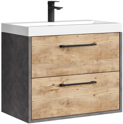 plaats - Set di mobili da bagno con lavabo e mobiletto Florence 60 x 35 cm, grigio scuro con rovere di castagno, mobiletto con chiusura morbida e lavandino