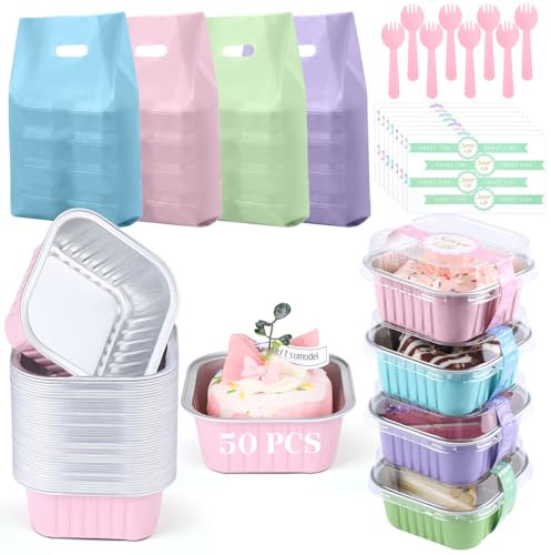 Acellegic 212 Pack Macaron Mini Cake Pans Set with Lids and Spoons Include 50 Macaron 5oz Disposable Aluminum Foil Baking Pans 50 Lids 50 Spoons 50 Sealing Sticker 12 Gift Bags for Dessert Cake