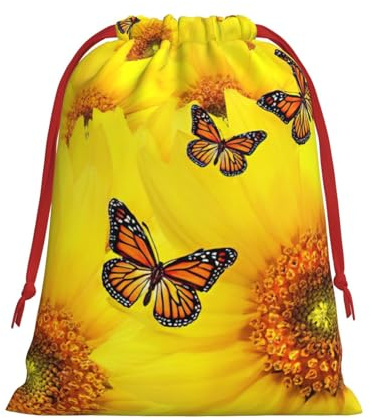 Geschenktüten mit gelben Blumen und Schmetterlingen, Weihnachtsmotiv, Geschenkbeutel für Weihnachten, Urlaub, Stoff, für Party, Größe L
