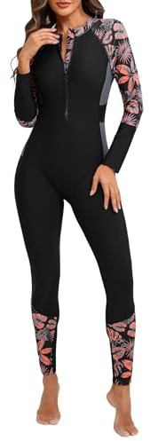 OBEEII Long Sleeve One Piece Swimsuit for Women Floral Print Full Body Rash Guard Zipper Front UPF 50+ Surfing Wetsuit Modest Swimwear Diving Bathing Suit