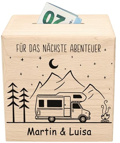Wohnmobil Spardose personalisiert mit Namen Wohnwagen Geldgeschenk Reisekasse Camping Geschenkidee aus Holz