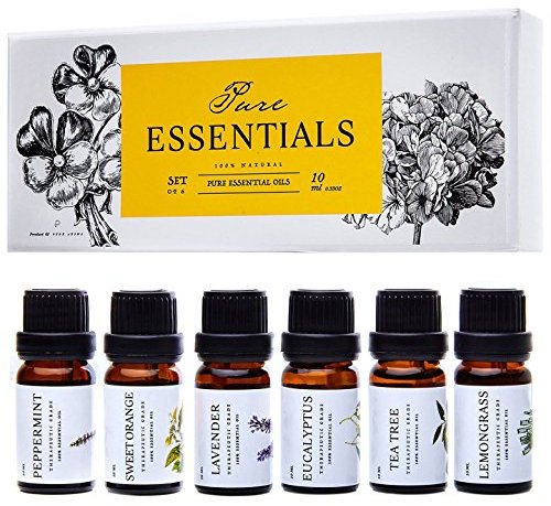 Essential Oils by Pure Essentials 100% Pure Therapeutic Grade Oils - Top 6 Aromatherapy Oils Gift Set-6 Pack, 10ML(Eucalyptus, Lavender, Lemon Grass, Orange, Peppermint, Tea Tree)