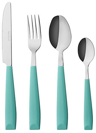 EXZACT Cubertería 16 Piezas Acero inoxidable con mangos anchos de plástico - 4 x cena tenedors, 4 x cuchillos, 4 x cucharas cena, 4 x cucharaditas - Servicio para 4 - WF232W (Turquesa)