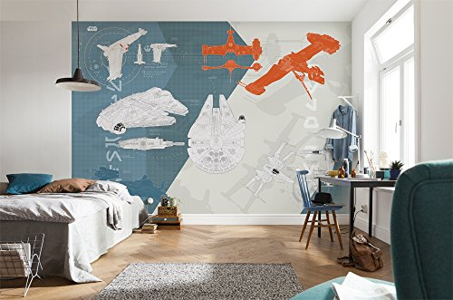 Komar Fototapete | STAR WARS TECHNICAL PLAN | 368 x 254 cm | Tapete, Wand Dekoration, Kinderzimmer, Raumschiff, Kampfjets | 8-4001, Bunt