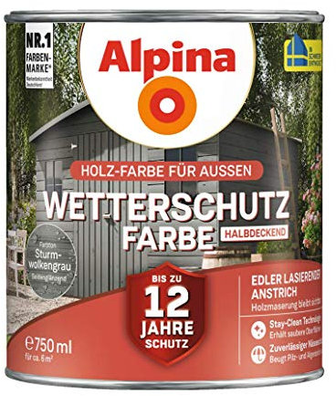 Alpina Holz-Wetterschutz-Farben – Sturmwolkengrau, halbdeckend – bis zu 12 Jahre Schutz vor Witterung und Nässe – schmutzabweisend, halbdeckend & ergiebig – 750 ml